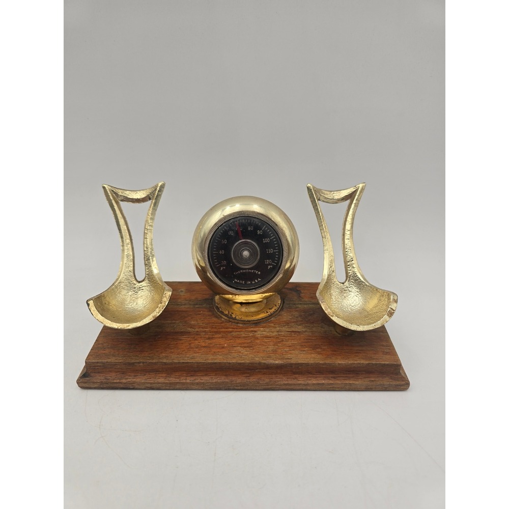 Vintage Brass Pipe Stand with Thermometer on‎ Wood Base Desk Decor Pax TLC